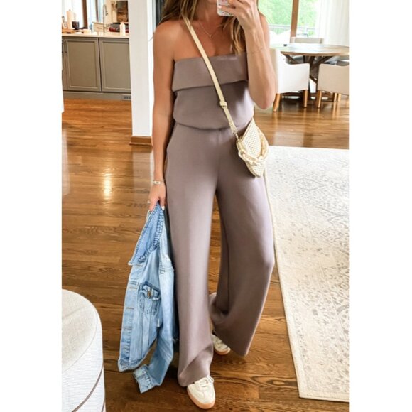 Spanx AirEssentials Strapless Jumpsuit Smoke Blouson Wide Leg Romper One-Piece - Picture 7 of 12